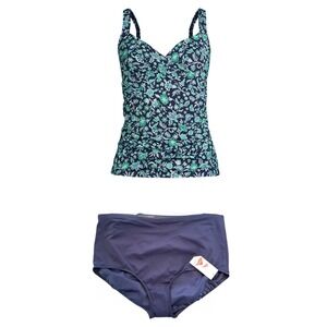 Women's Floral Tankini Swimsuit Navy Blue Green Floral Print Swim Top Bottom 22W